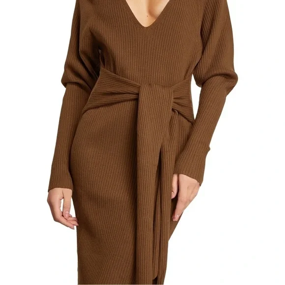 Good American | Long Sleeve Belted Body Midi Dress in Sepia - Size 1 / 2 - Picture 3 of 12